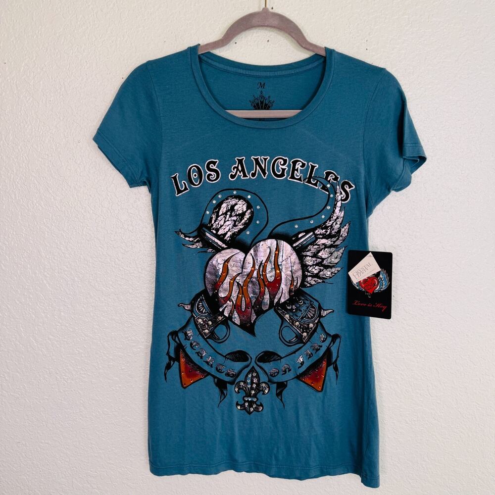 Y2K Los Angeles Top Womens Medium Key Closet Swarovski Crystal Rhinestone Tee